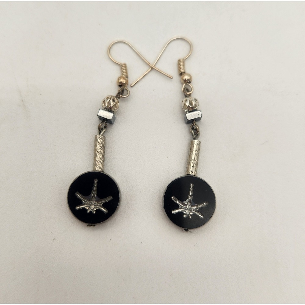 Dangle Earrings Silver Dragonfly Embossed On Black Stone Sparkling Bead Accents